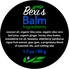 Load image into Gallery viewer, Bexi's Bespoke Revitalisation Balm is made with coconut oil, organic lime juice, organic aloe vera leaf juice, organic ginger, honey, shea butter, macadamia nut oil, beeswax, elderberry fruit extract, guar gum, a proprietary blend of essential oils and nothing else.   It soothes eczema, dry chapped lips, skin under eyes, and dry skin anywhere else on your body.  Suitable for Sjogren's patients with dry, sensitive skin.