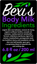 Load image into Gallery viewer, Bexi&#39;s Body Milk is a soothing, hydrating, nourishing, and moisturizing serum and lotion for your body.  Bexi&#39;s Body Milk Ingredients: organic aloe vera leaf juice, coconut oil, raw honey, organic sunflower lecithin, avocado oil, beeswax, rosehip seed oil, lactobacillus ferment, elderberry fruit extract, meadow foam oil, pomegranate seed oil, sea buckthorn berry oil, macadamia nut oil, aloe vera leaf powder, guar gum, a proprietary blend of essential oils, and nothing else.  
