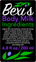 Load image into Gallery viewer, Bexi's Body Milk is a soothing, hydrating, nourishing, and moisturizing serum and lotion for your body.  Bexi's Body Milk Ingredients: organic aloe vera leaf juice, coconut oil, raw honey, organic sunflower lecithin, avocado oil, beeswax, rosehip seed oil, lactobacillus ferment, elderberry fruit extract, meadow foam oil, pomegranate seed oil, sea buckthorn berry oil, macadamia nut oil, aloe vera leaf powder, guar gum, a proprietary blend of essential oils, and nothing else.