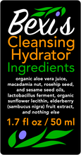 Load image into Gallery viewer, Bexi's Bespoke Revitalisation Cleansing Hydrator Ingredients: organic aloe vera juice, extra virgin macadamia nut oil, rosehip seed oil, organic sesame seed oil, lactobacillus ferment, sunflower lecithin, elderberry fruit (sambucus nigra) extract, and nothing else.  1.7 fl oz / 50 ml