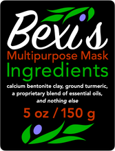 Load image into Gallery viewer, Bexi's Bespoke Revitalisation Multipurpose Mask Ingredients: calcium bentonite clay, ground turmeric, a proprietary blend of essential oils, and nothing else.  5 oz / 150 g