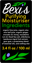 Load image into Gallery viewer, Bexi's Bespoke Revitalisation Purifying Moisturiser Ingredients: organic lime juice, organic aloe vera leaf juice, organic Peruvian ginger, avocado oil, Sierra spring wildflower honey, extra virgin macadamia nut oil, Dead Sea salt, elderberry fruit (sambucus nigra) extract, guar gum, a proprietary blend of essential oils, and nothing else. 3.4 fl oz / 100 ml