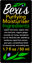 Load image into Gallery viewer, Bexi's Bespoke Revitalisation Purifying Moisturiser Ingredients: organic lime juice, organic aloe vera leaf juice, organic Peruvian ginger, avocado oil, Sierra spring wildflower honey, extra virgin macadamia nut oil, Dead Sea salt, elderberry fruit (sambucus nigra) extract, guar gum, a proprietary blend of essential oils, and nothing else. 1.7 fl oz / 50 ml