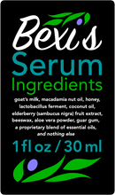 Load image into Gallery viewer, Bexi's Bespoke Revitalisation Serum Ingredients: local heirloom goat’s milk, extra virgin macadamia nut oil, Sierra spring wildflower honey, lactobacillus ferment, coconut oil, elderberry fruit (sambucus nigra) extract, beeswax, aloe vera powder, guar gum, a proprietary blend of essential oils, and nothing else. 1 fl oz / 30 ml