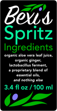 Load image into Gallery viewer, Bexi's Bespoke Revitalisation Spritz Ingredients: organic aloe vera leaf juice, organic Peruvian ginger, lactobacillus ferment, a proprietary blend of essential oils, and nothing else.  3.4 fl oz / 100 ml