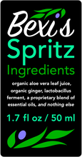 Load image into Gallery viewer, Bexi's Bespoke Revitalisation Spritz Ingredients: organic aloe vera leaf juice, organic Peruvian ginger, lactobacillus ferment, a proprietary blend of essential oils, and nothing else.  1.7 fl oz / 50 ml