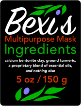 Load image into Gallery viewer, Bexi&#39;s Bespoke Revitalisation Multipurpose Mask Ingredients: calcium bentonite clay, ground turmeric, a proprietary blend of essential oils, and nothing else.  5 oz / 150 g
