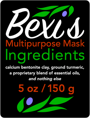 Bexi's Bespoke Revitalisation Multipurpose Mask Ingredients: calcium bentonite clay, ground turmeric, a proprietary blend of essential oils, and nothing else.  5 oz / 150 g