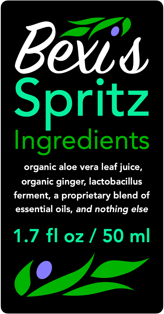 Bexi's Bespoke Revitalisation Spritz Ingredients: organic aloe vera leaf juice, organic Peruvian ginger, lactobacillus ferment, a proprietary blend of essential oils, and nothing else.  1.7 fl oz / 50 ml