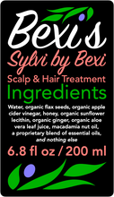 Load image into Gallery viewer, Bexi&#39;s Sylvi by Bexi Scalp &amp; Hair Treatment Ingredients: organic flax seed extract, raw unfiltered apple cider vinegar, Sierra spring wildflower honey, organic sunflower lecithin, Peruvian ginger, organic aloe vera leaf juice, extra virgin macadamia nut oil, a proprietary blend of essential oils, and nothing else. 6.8 fl oz / 200 ml
